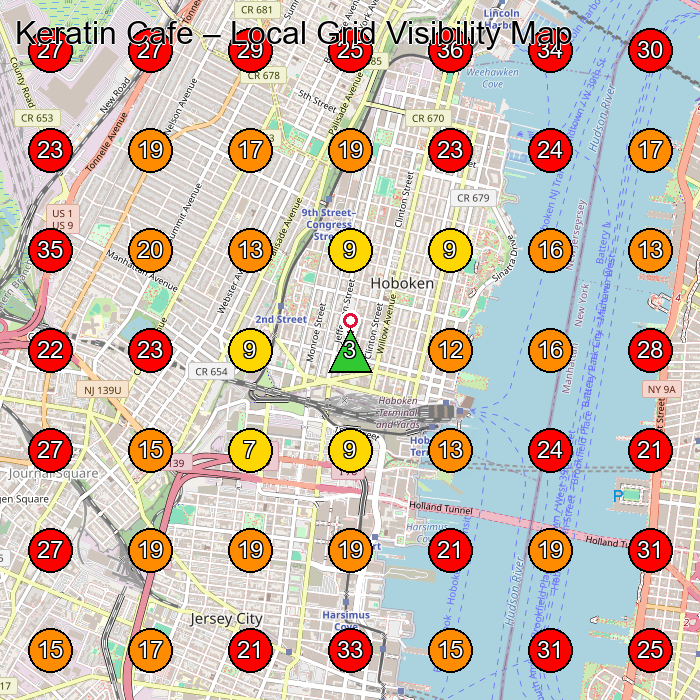 Keratin Cafe GeoGrid visibility map for Hair Salon in Hoboken